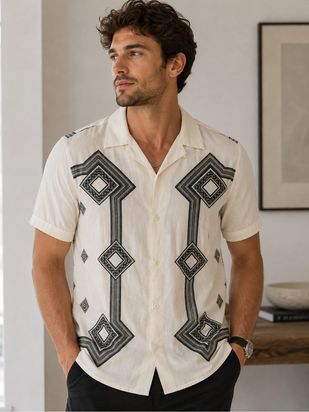 Express Cream and Black Casual Button Down Shirt
